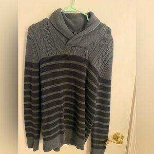 Express Men's Gray and Black Striped Sweater